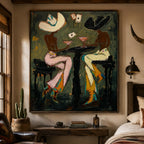 Wildcard Vintage Americana figure wall art featuring two retro cowgirls playing poker with martini glasses in rich impasto oil texture