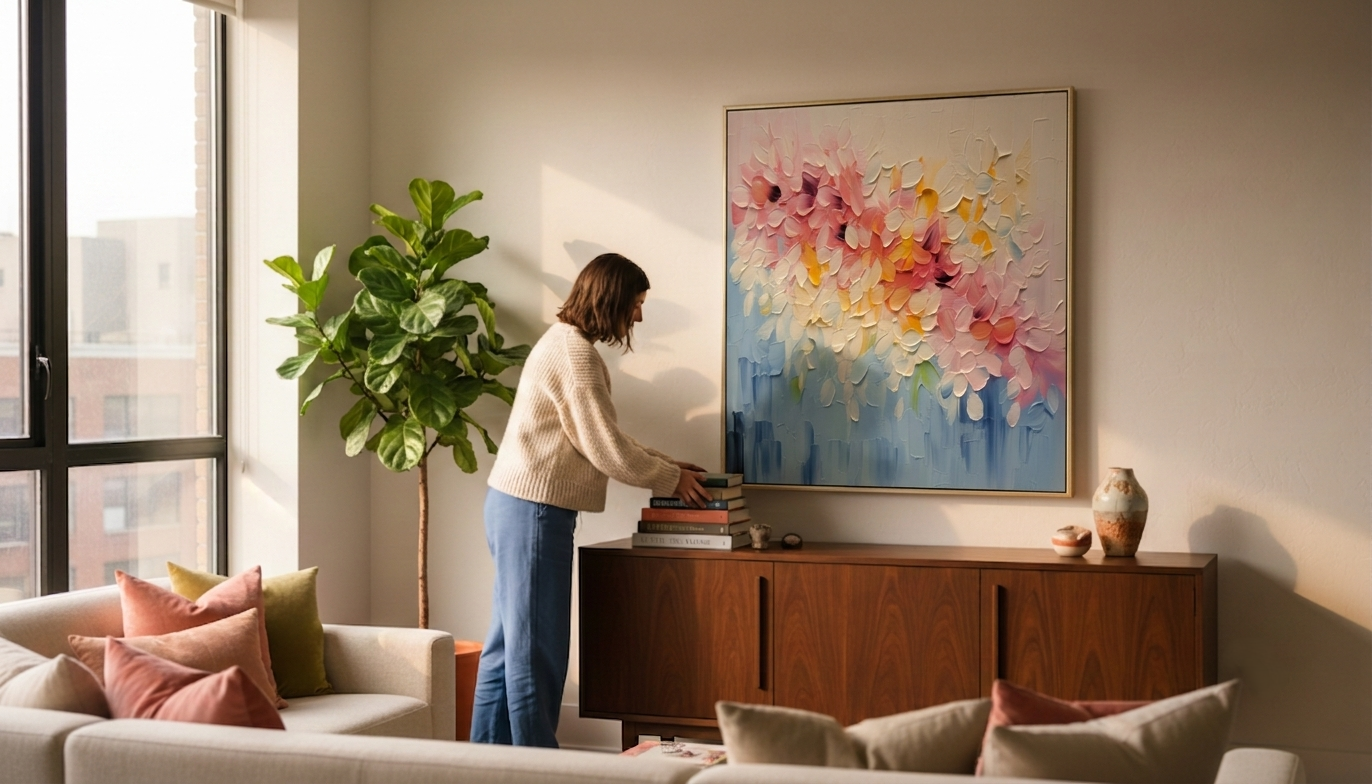 Modern American living room interior featuring a large Wabi-Sabi 3D plaster textured painting on the wall above the cabinet, creating a warm and bright atmosphere.