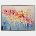 Bloom vibrant floral palette knife textured wall art showing 3D pink and yellow impasto flowers by Parge Art.