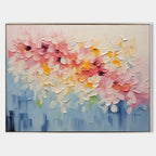 Bloom vibrant floral palette knife textured wall art showing 3D pink and yellow impasto flowers by Parge Art.