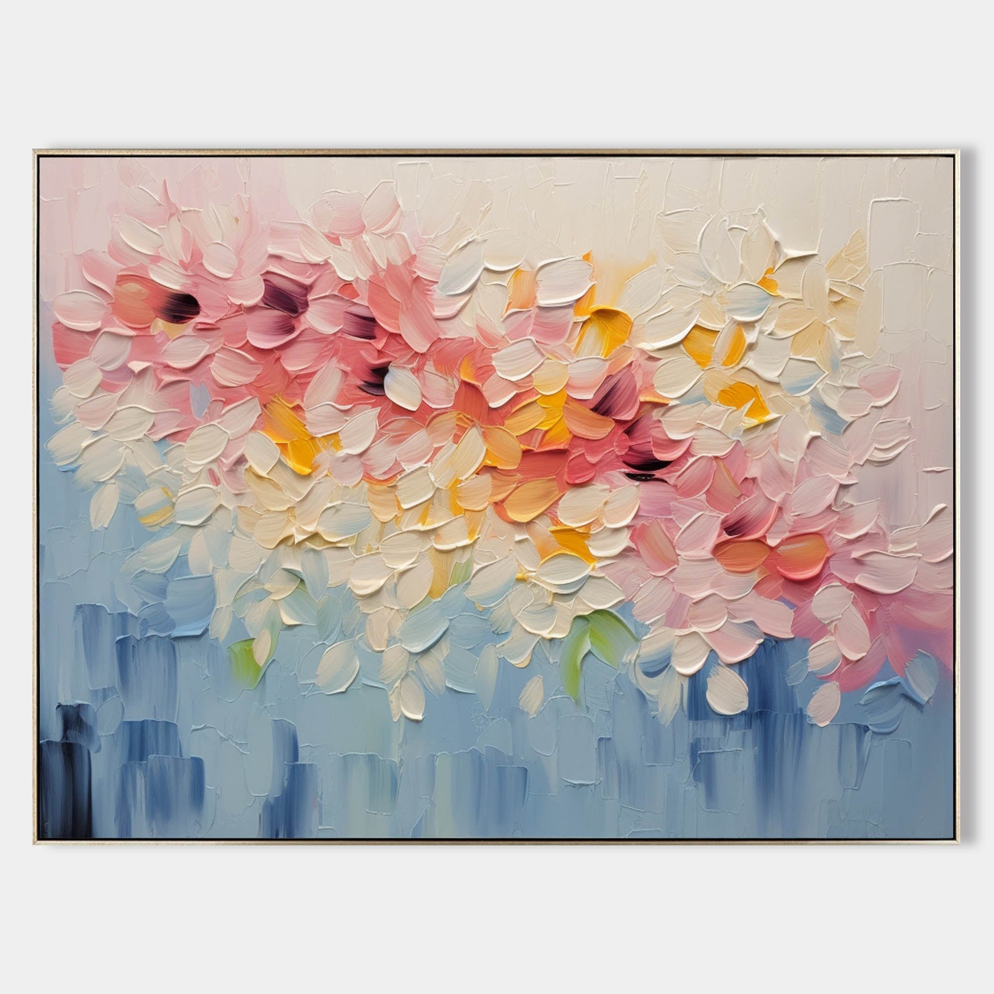 Bloom vibrant floral palette knife textured wall art showing 3D pink and yellow impasto flowers by Parge Art.