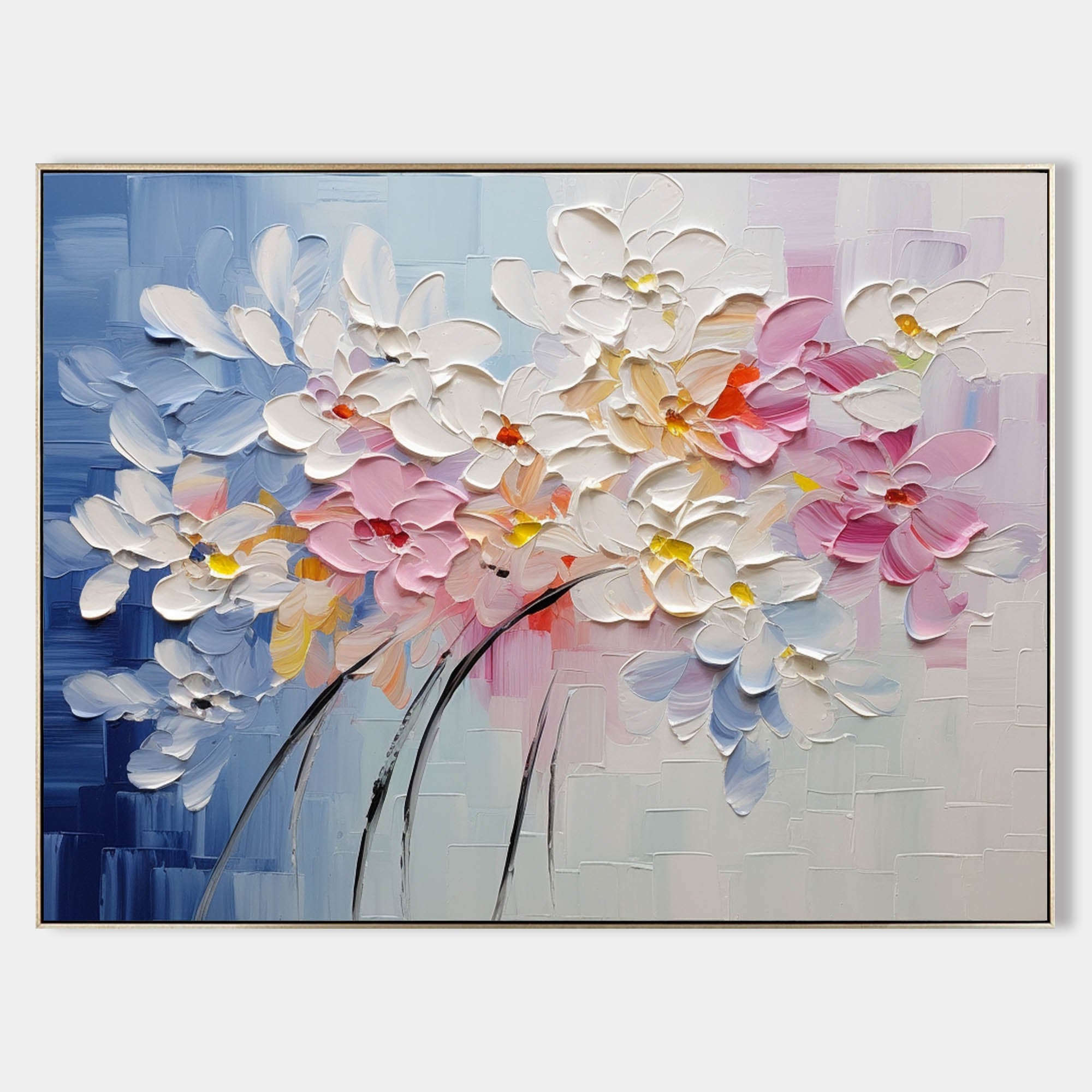Bloom pastel floral 3D textured wall art handcrafted thick palette knife impasto blossom oil painting on canvas