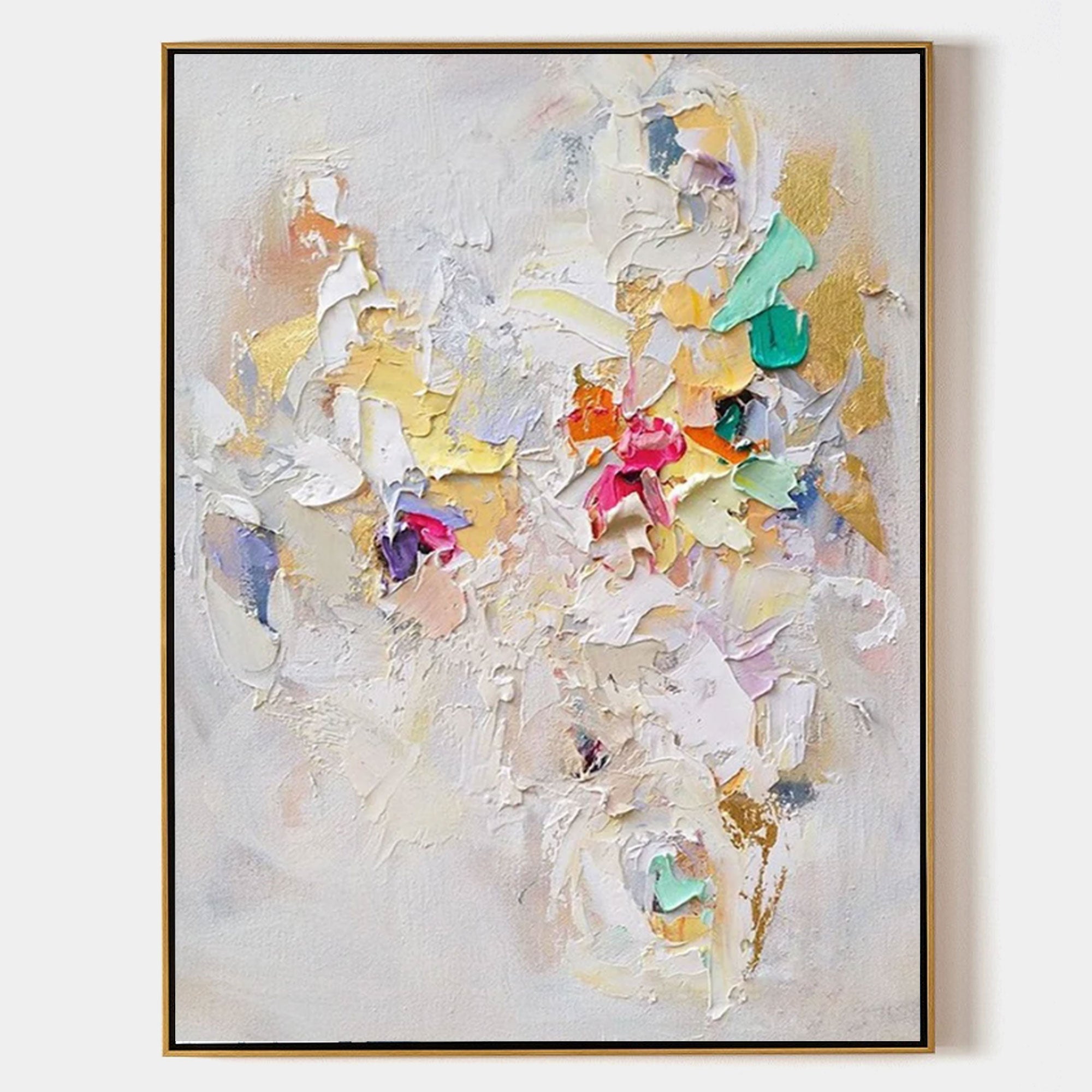 Vivid modern abstract 3D textured wall art handcrafted thick palette knife impasto oil painting with gold leaf accents on canvas