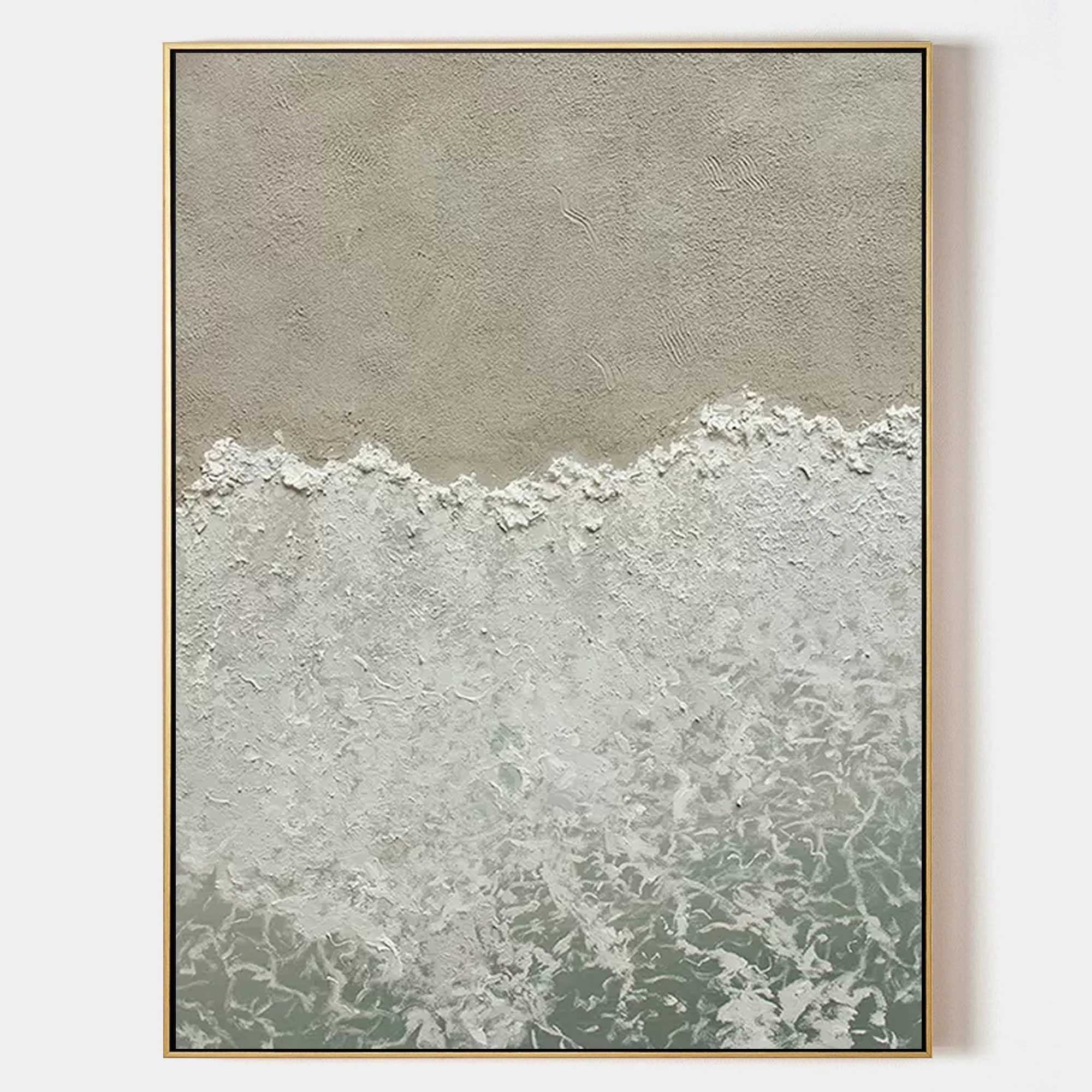 Shore Wabi-Sabi ocean wave textured wall art featuring 3D beach foam and sand design on canvas by Parge Art.
