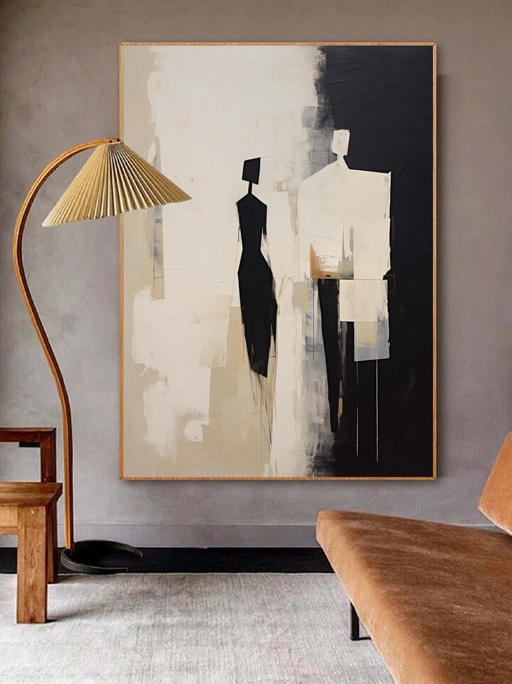 Wabi-sabi abstract wall art in hallway with neutral modern interior design