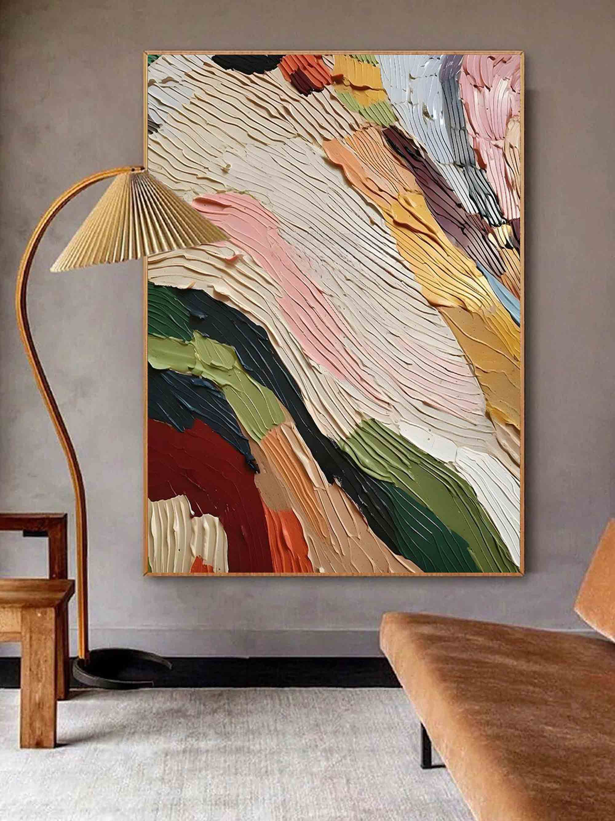 Modern colorful abstract wall art in hallway with contemporary neutral interior