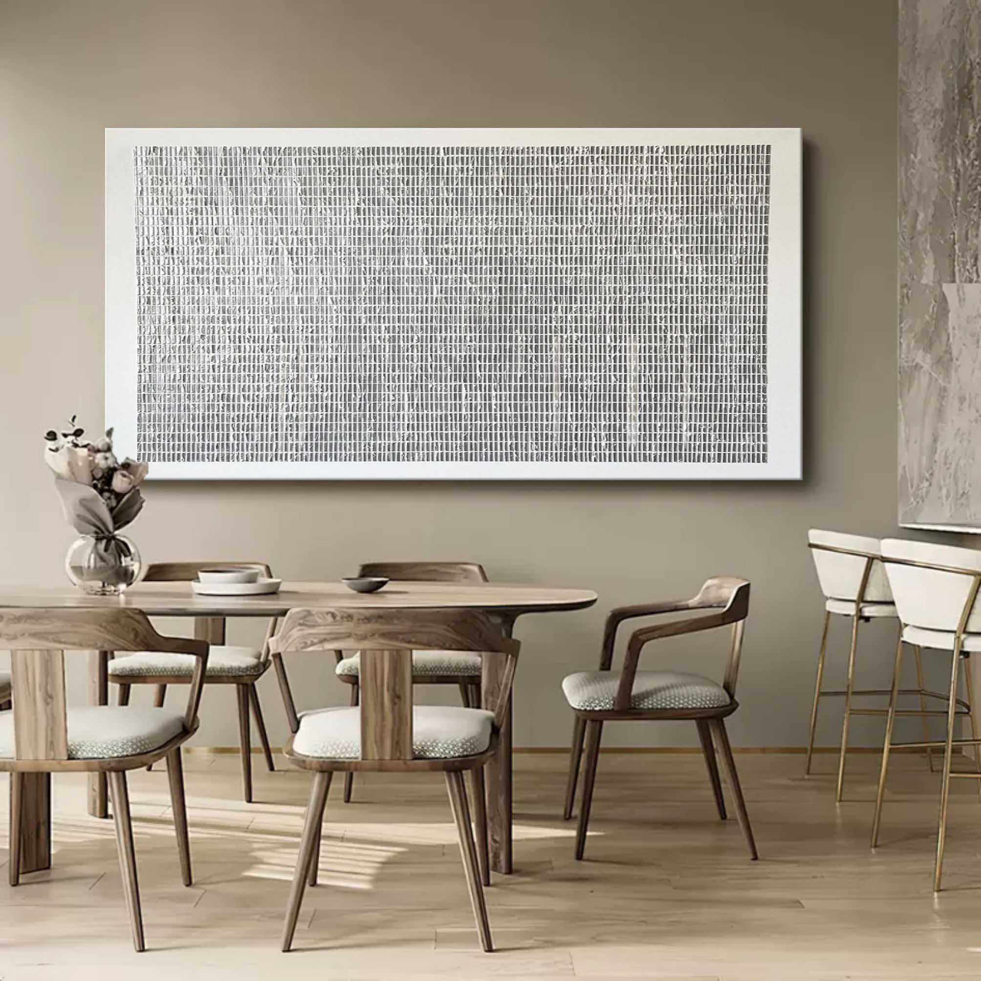Sophisticated extra wide clay-based textured artwork creating a tailored background inside a contemporary dining space.