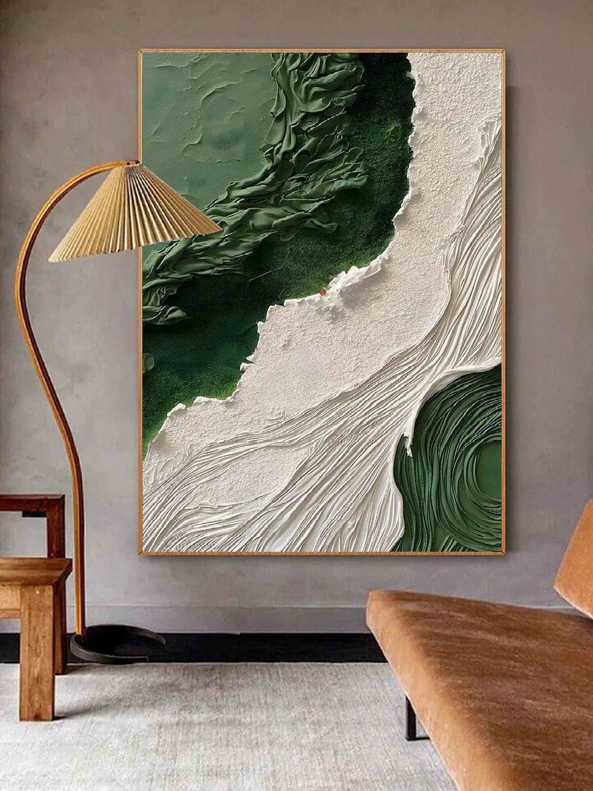 Large vertical organic lines moss green artwork hanging on a neutral tone entryway gallery wall