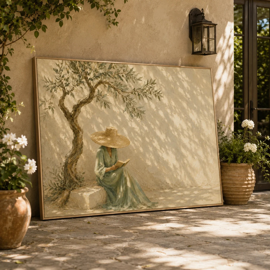 Serene woman reading canvas artwork mounted over a light oak console table in a sunlit Mediterranean entry foyer