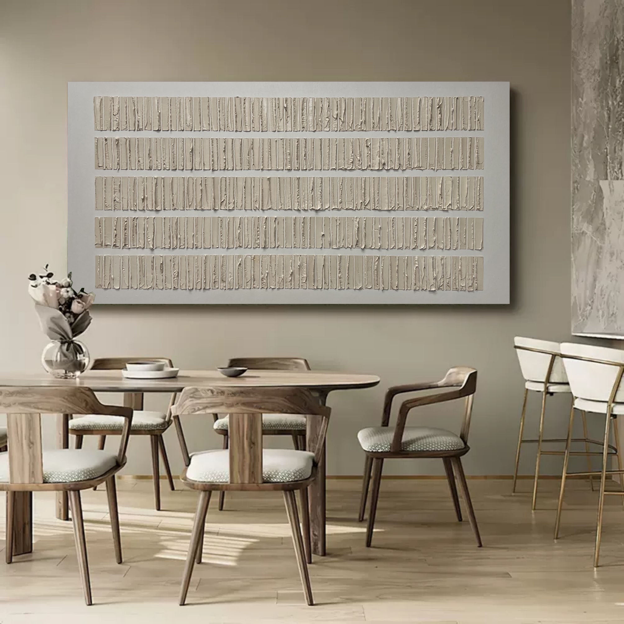 Japandi style interior featuring Parge Art Strata abstract layered wall art in minimalist modern space