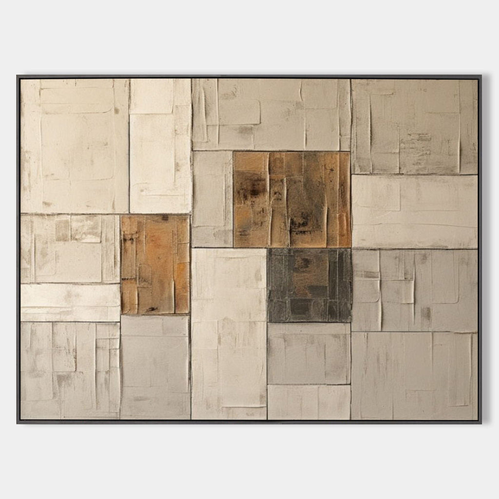Blocks Wabi-Sabi textured horizontal geometric wall art with 3D plaster terracotta blocks by Parge Art