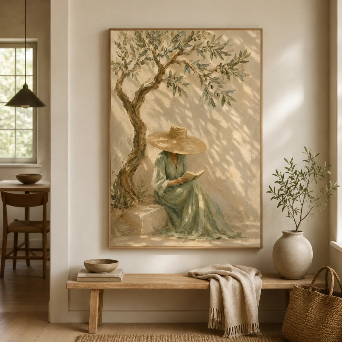 Serene woman reading under tree artwork mounted over a light oak entryway console table in a bright sunlit foyer