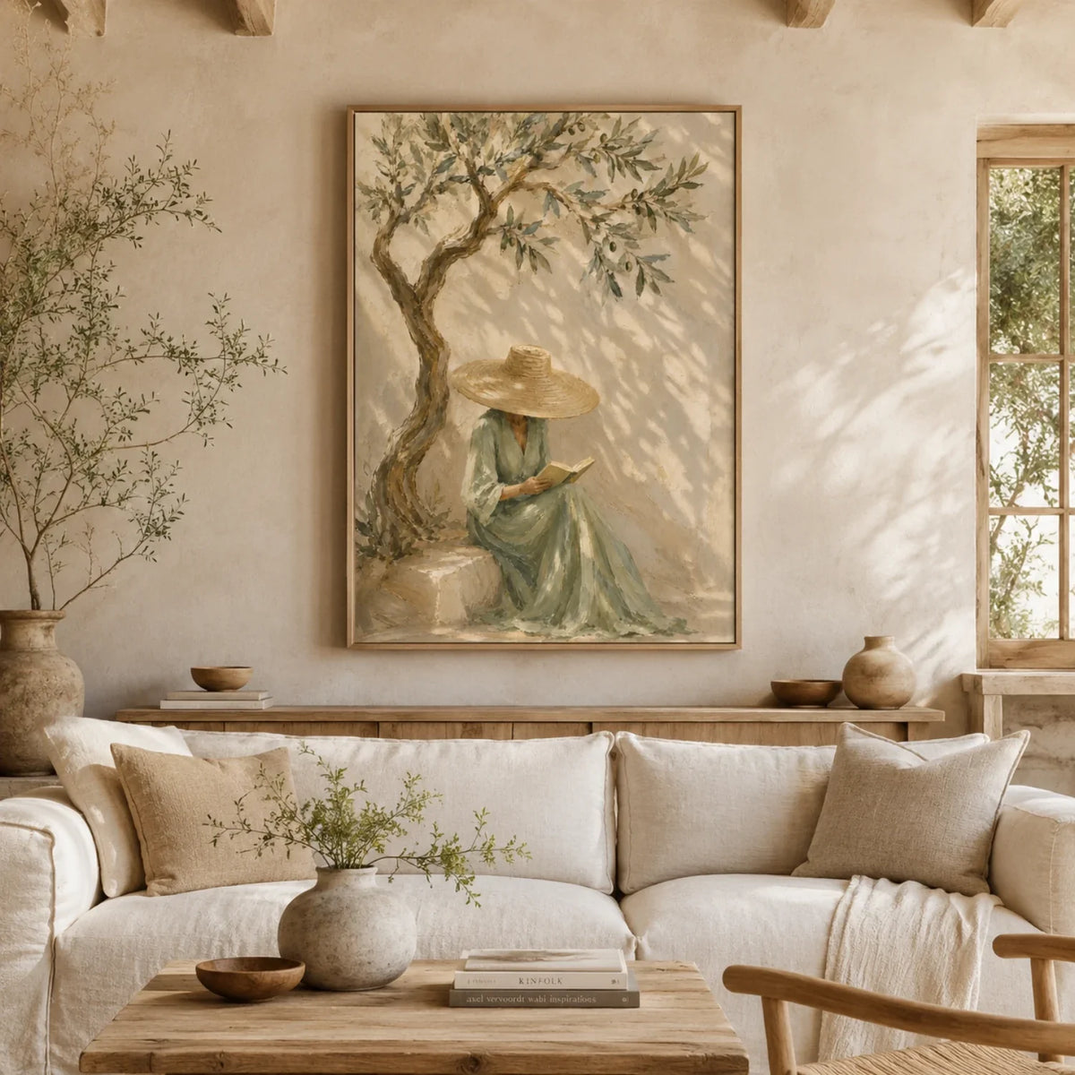 Impasto textured olive tree figure canvas wall decor framed above a natural wood headboard in a tranquil master bedroom