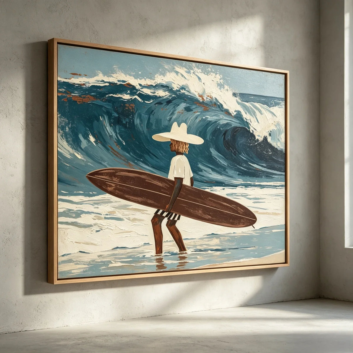 Impasto textured ocean wave surfer canvas wall decor framed above a light oak dresser in a coastal bedroom