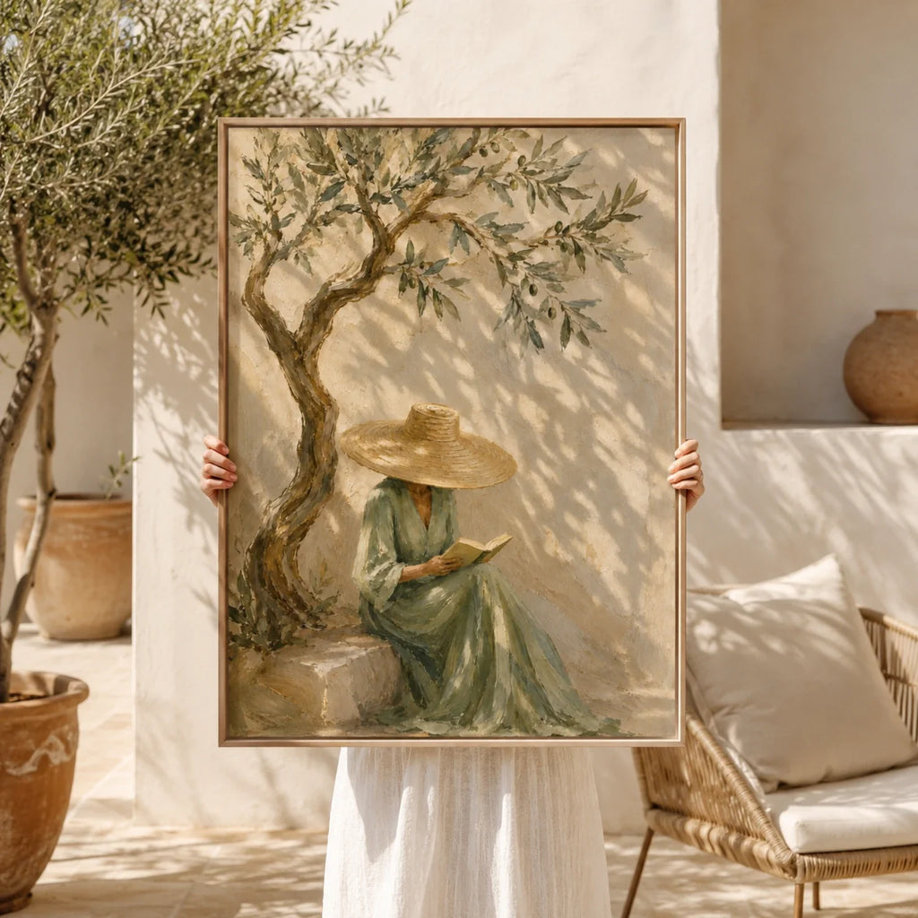 Solitude olive tree woman plaster wall art featuring a lady reading under an olive tree on textured beige canvas