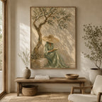 European country style olive tree reading canvas print creating a peaceful focal point over a rustic sideboard in a dining room