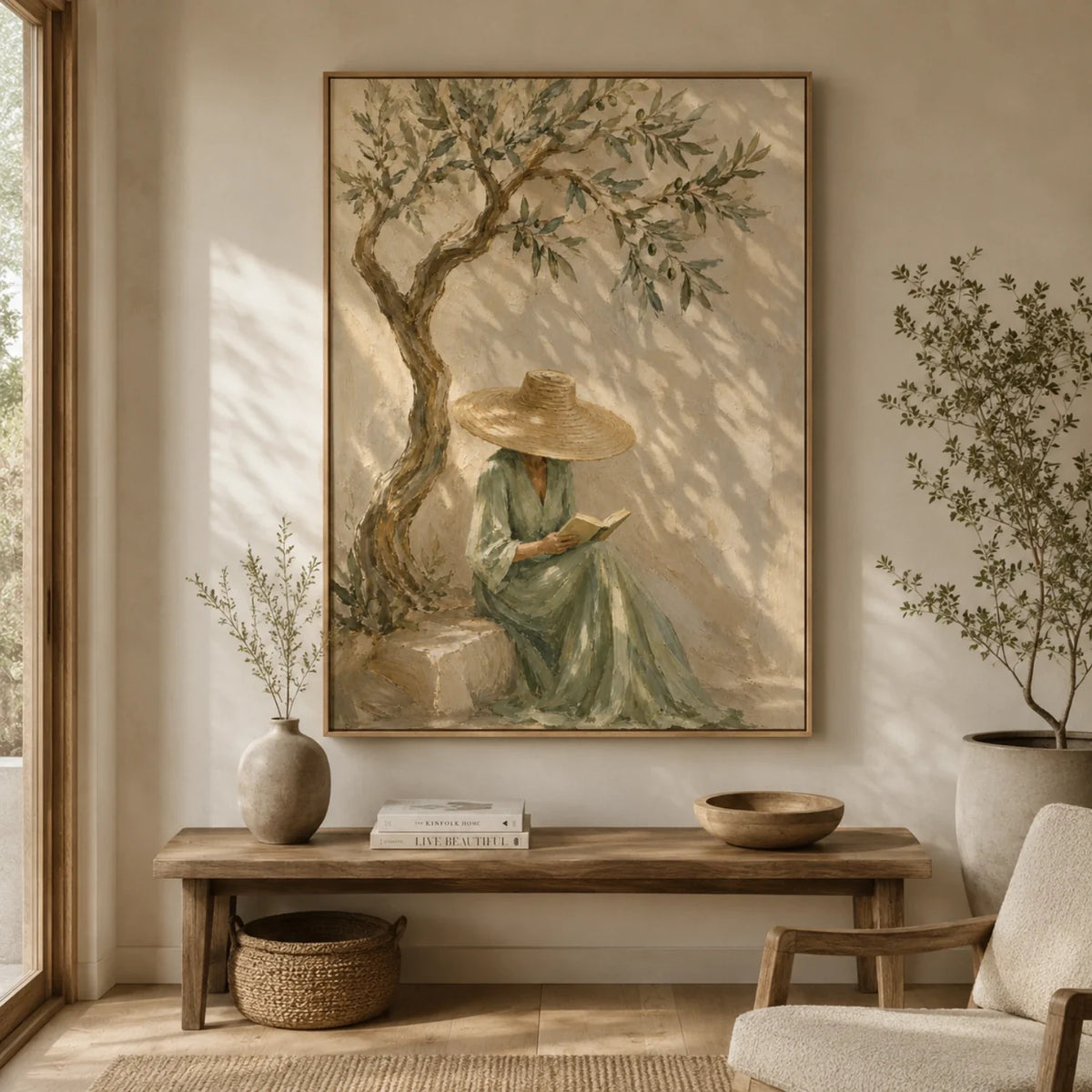 European country style olive tree reading canvas print creating a peaceful focal point over a rustic sideboard in a dining room