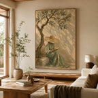 Earthy tone Mediterranean woman painting bringing relaxing Tuscan vibes to a cozy home office lounge reading corner