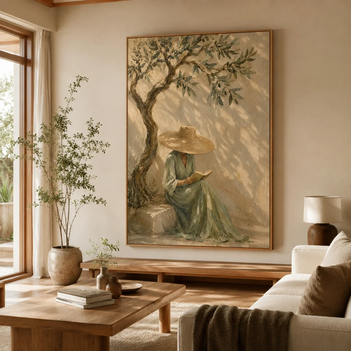 Earthy tone Mediterranean woman painting bringing relaxing Tuscan vibes to a cozy home office lounge reading corner