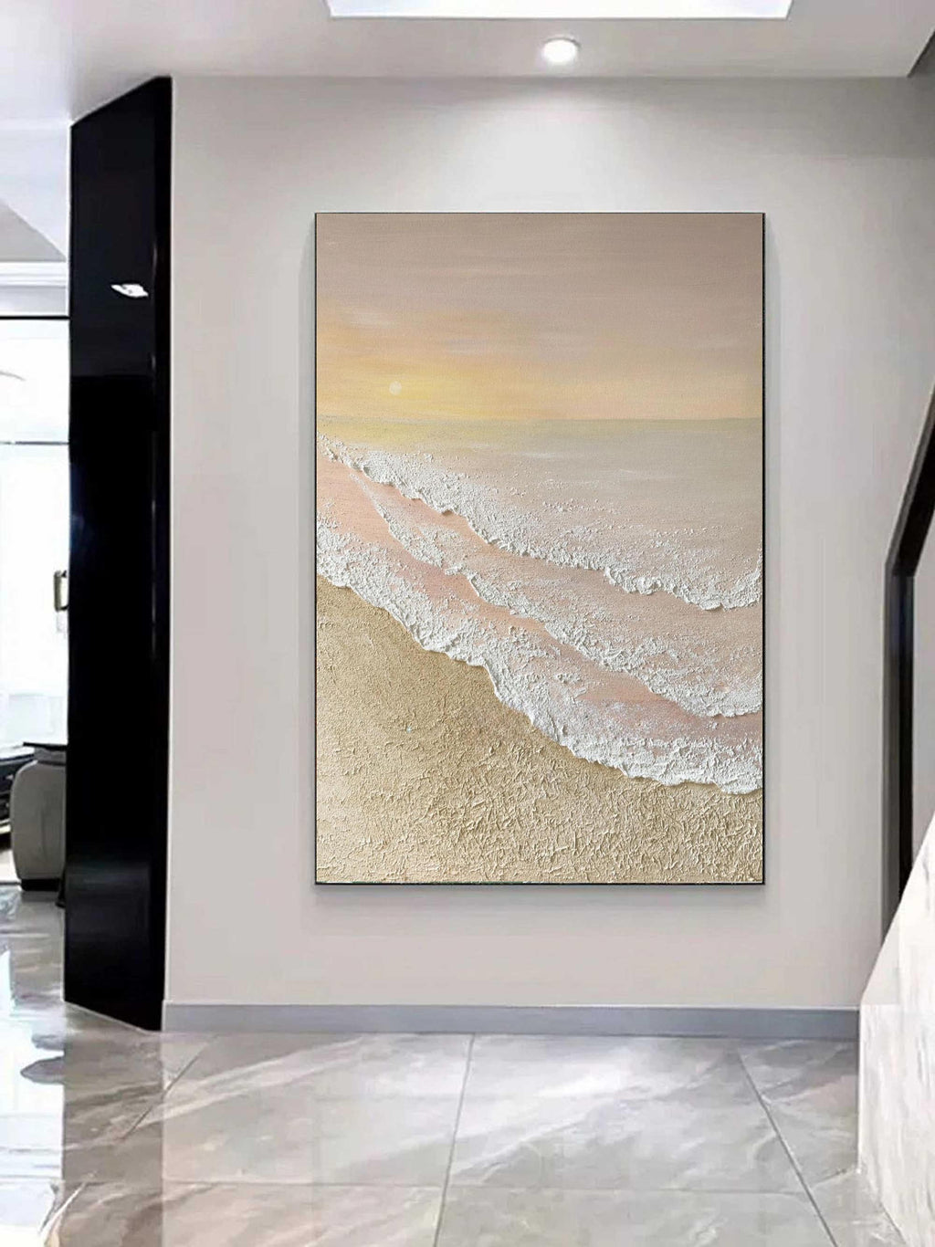 Serene ocean wave impasto wall art displayed in an elegant dining room next to minimalist coastal gallery decor
