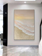Serene ocean wave impasto wall art displayed in an elegant dining room next to minimalist coastal gallery decor