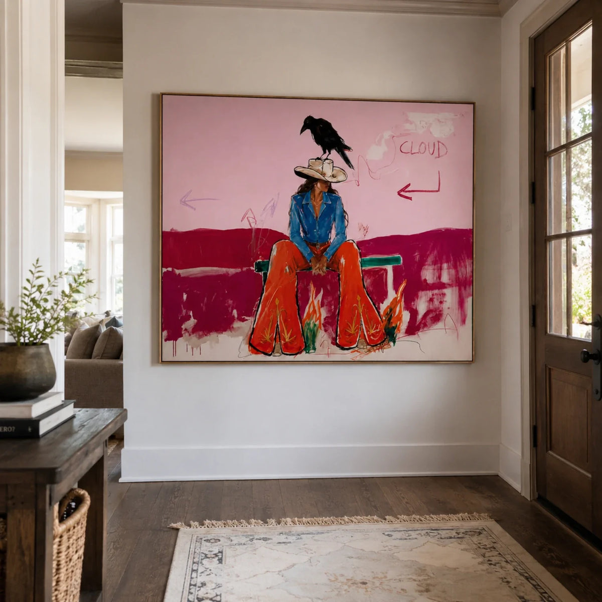 Eclectic Western graffiti cowgirl canvas print creating a bold accent wall focal point in a dining room