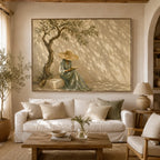 Elegant Mediterranean woman canvas art creating a peaceful focal point over a dark walnut sideboard in a dining space