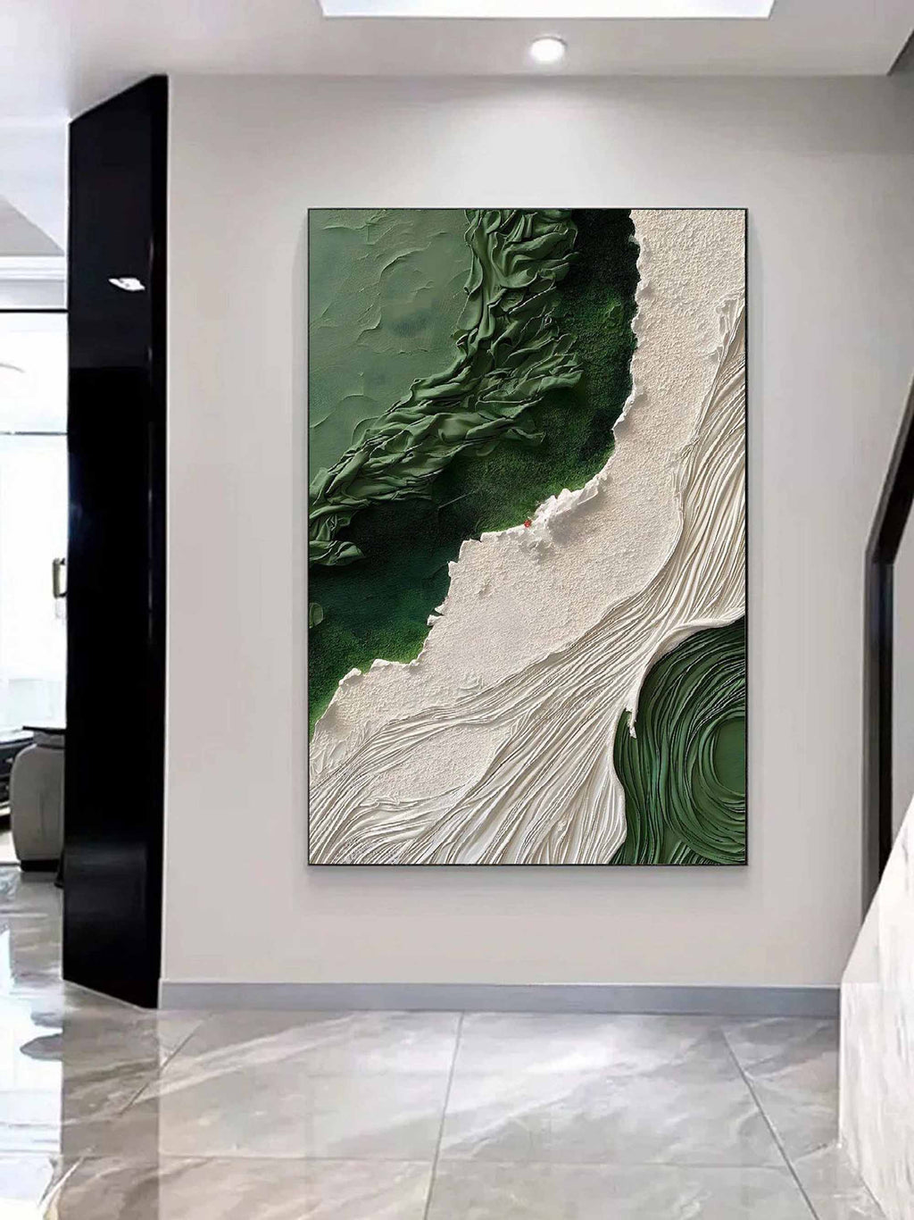 Macro closeup of the thick wave wave palette knife texture and deep forest green paint on canvas