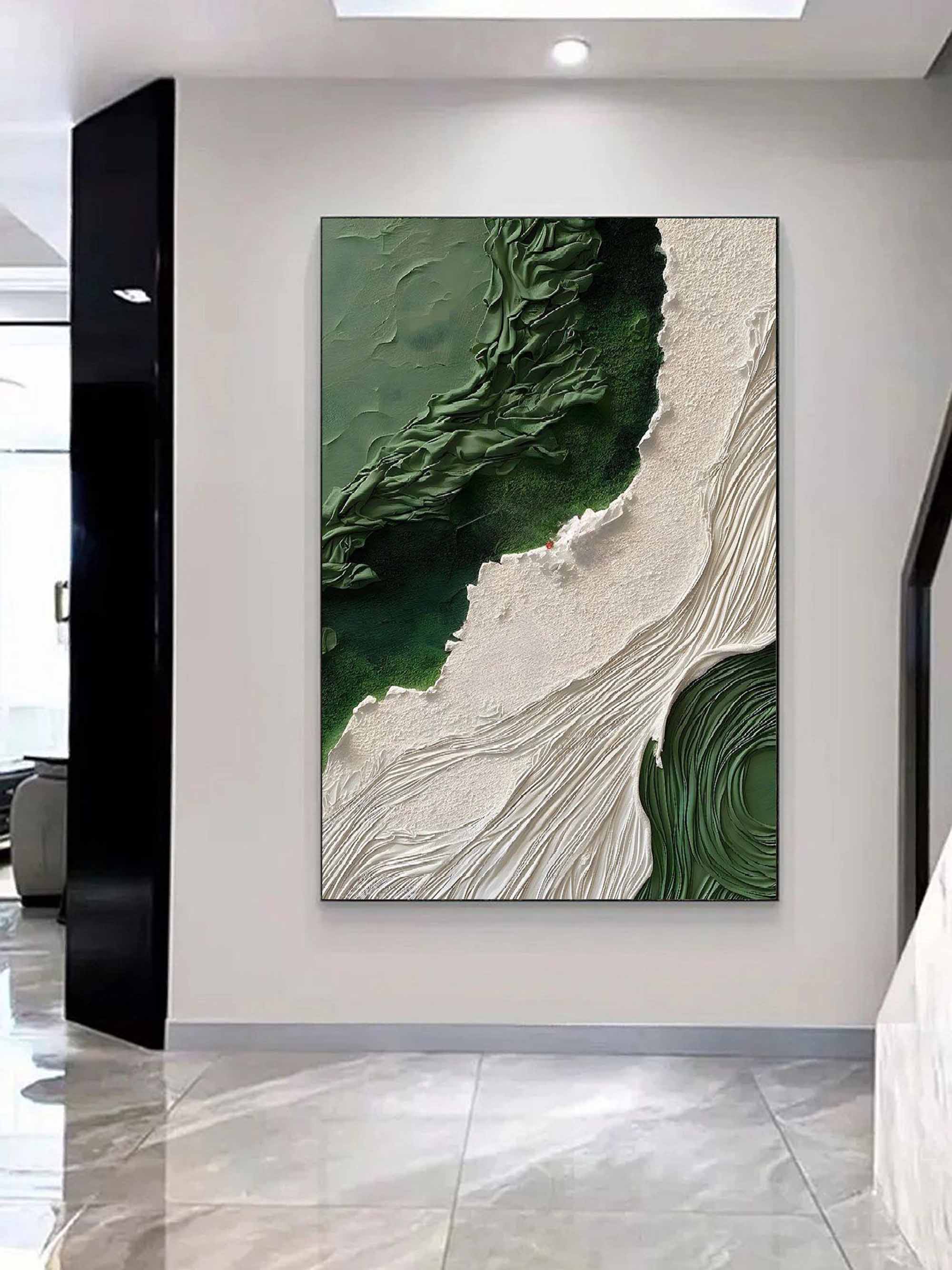 Macro closeup of the thick wave wave palette knife texture and deep forest green paint on canvas