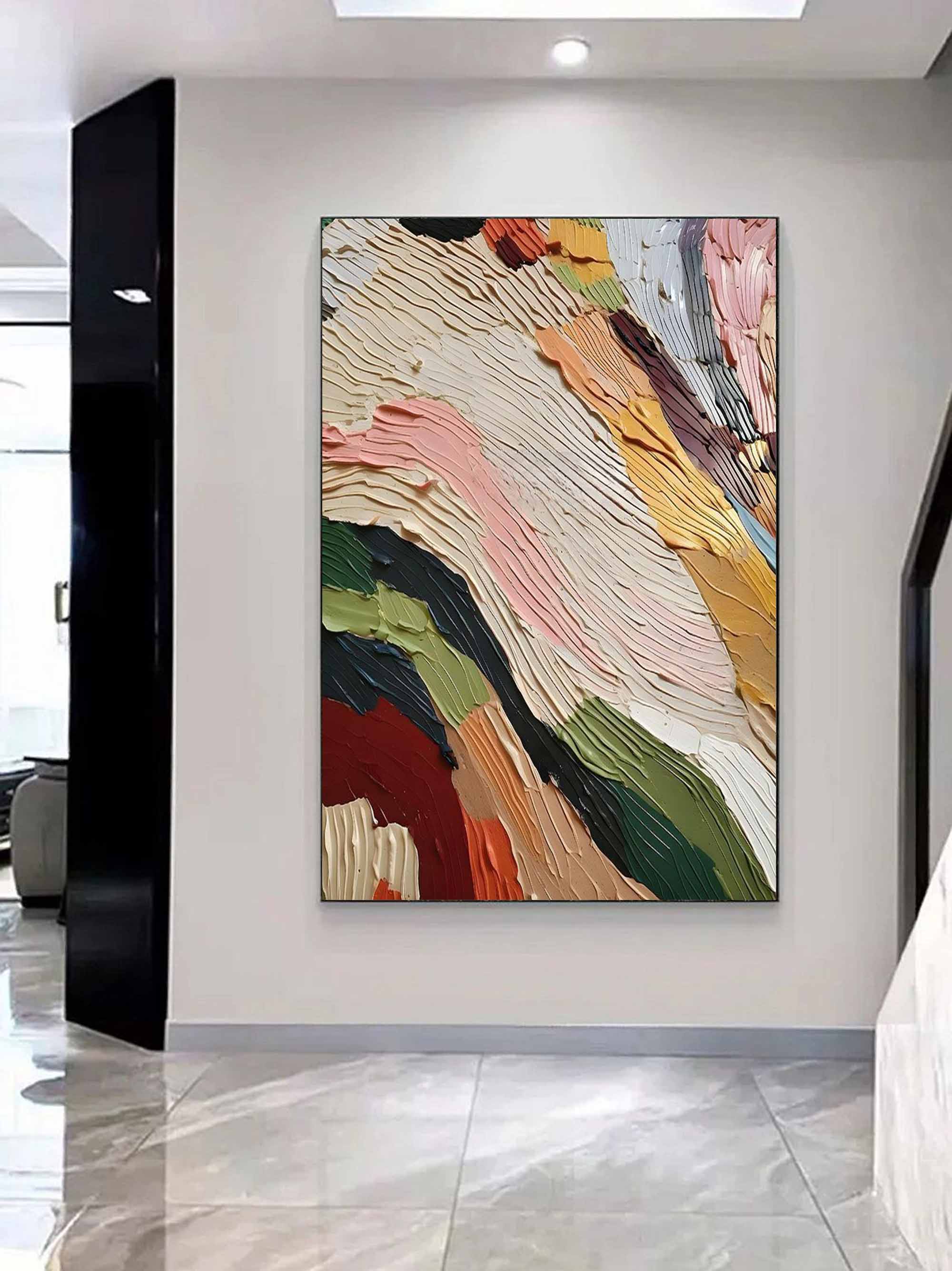 Vibrant textured painting styled in luxury living room with bold artistic Abstract colorful canvas artwork displayed in clean office interior with modern aesthetic