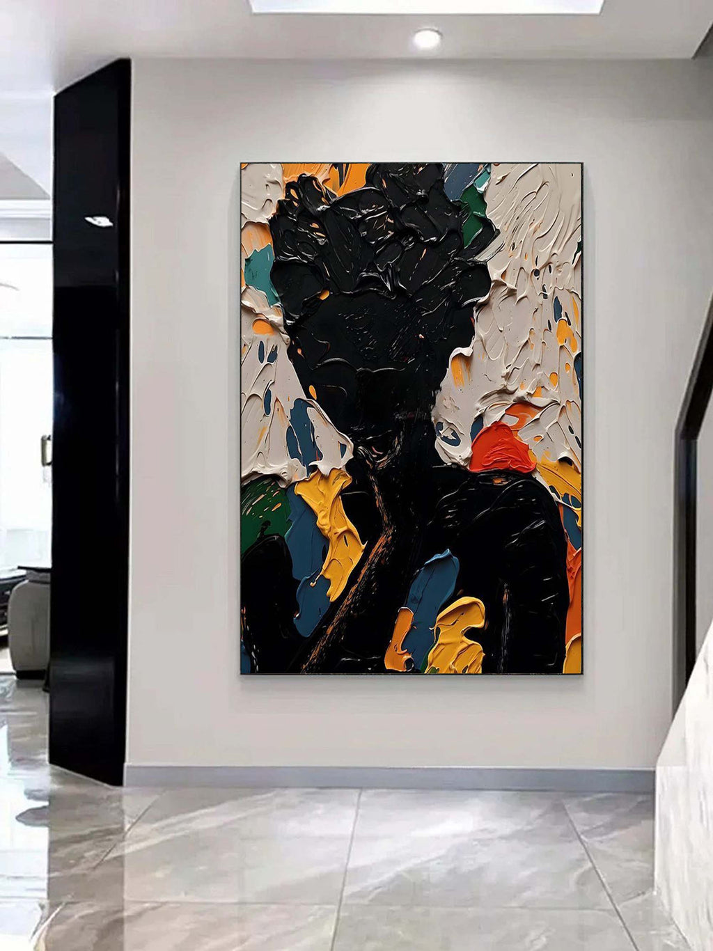 Creative heavy impasto oil painting adding bold inspiration and sophisticated design to a home office space.