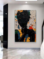 Creative heavy impasto oil painting adding bold inspiration and sophisticated design to a home office space.