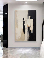 Abstract portrait artwork in luxury living room with warm natural textures