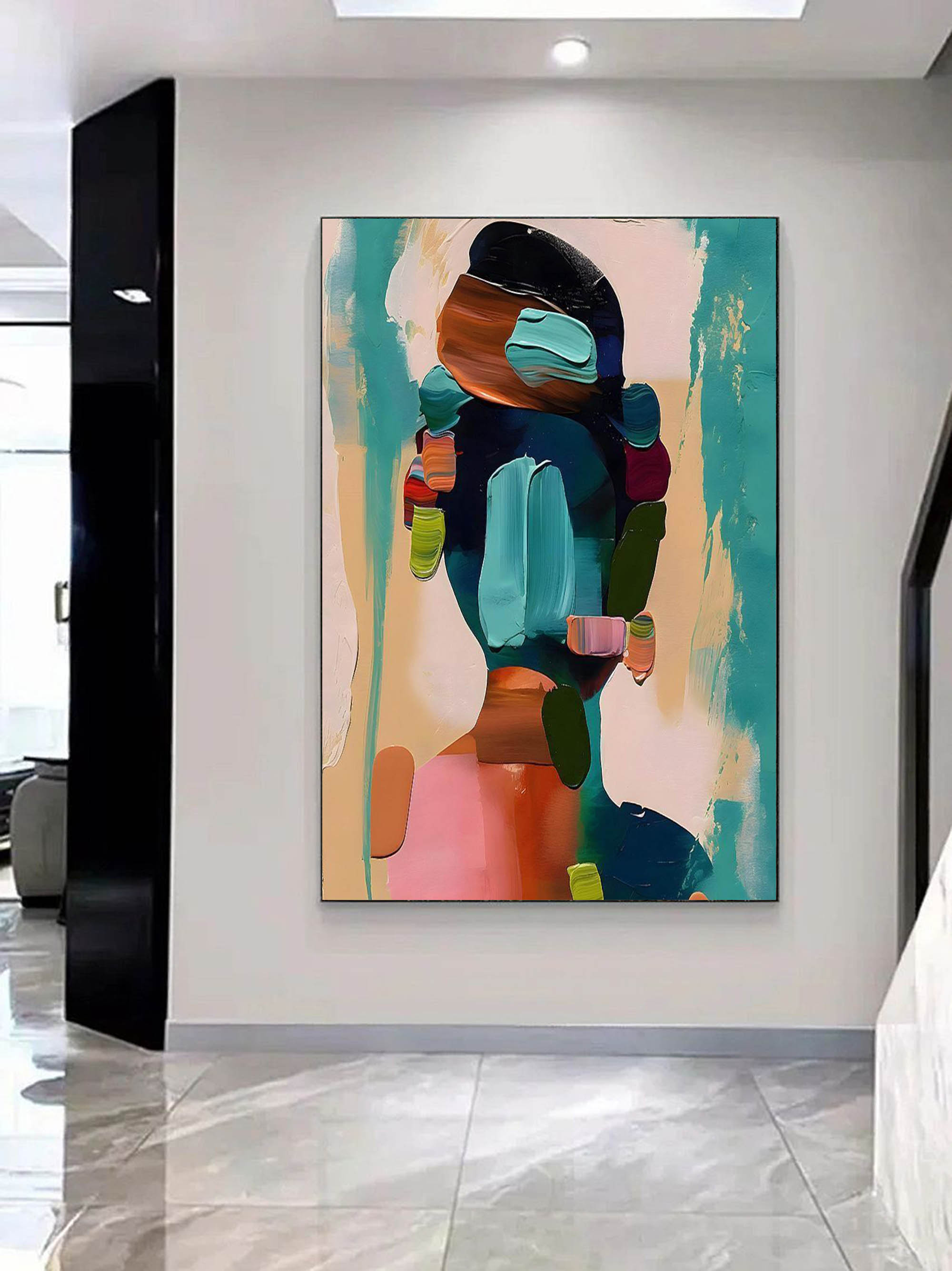 Creative heavy impasto texture oil painting adding inspiration and sophisticated design to a home office space.