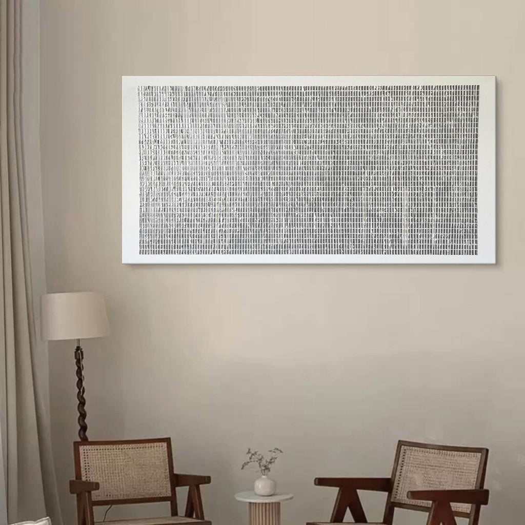 Macro angle highlighting the pristine geometric spacing and organic chiseled plaster ridges on Parge Art canvas.