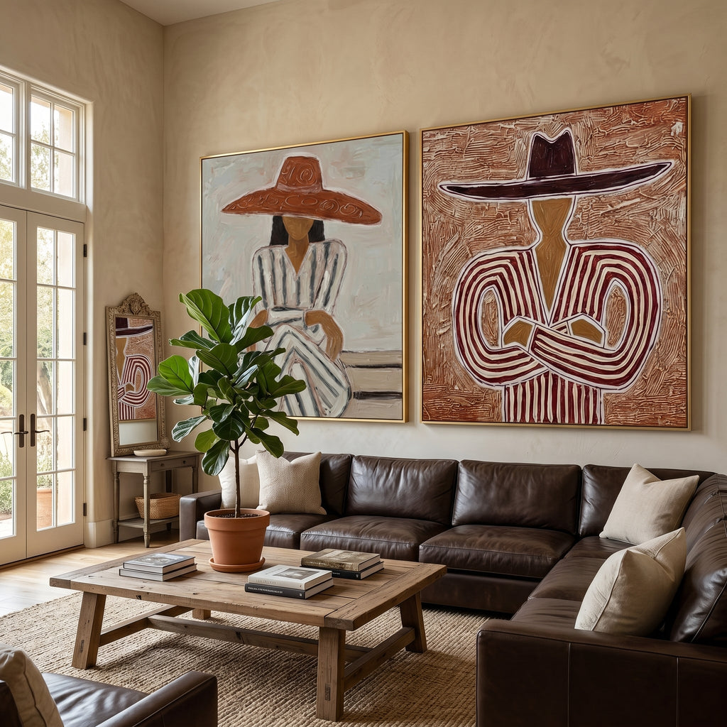 Set of 2 Western figure textured wall art hanging above a sofa in a modern southwest living room