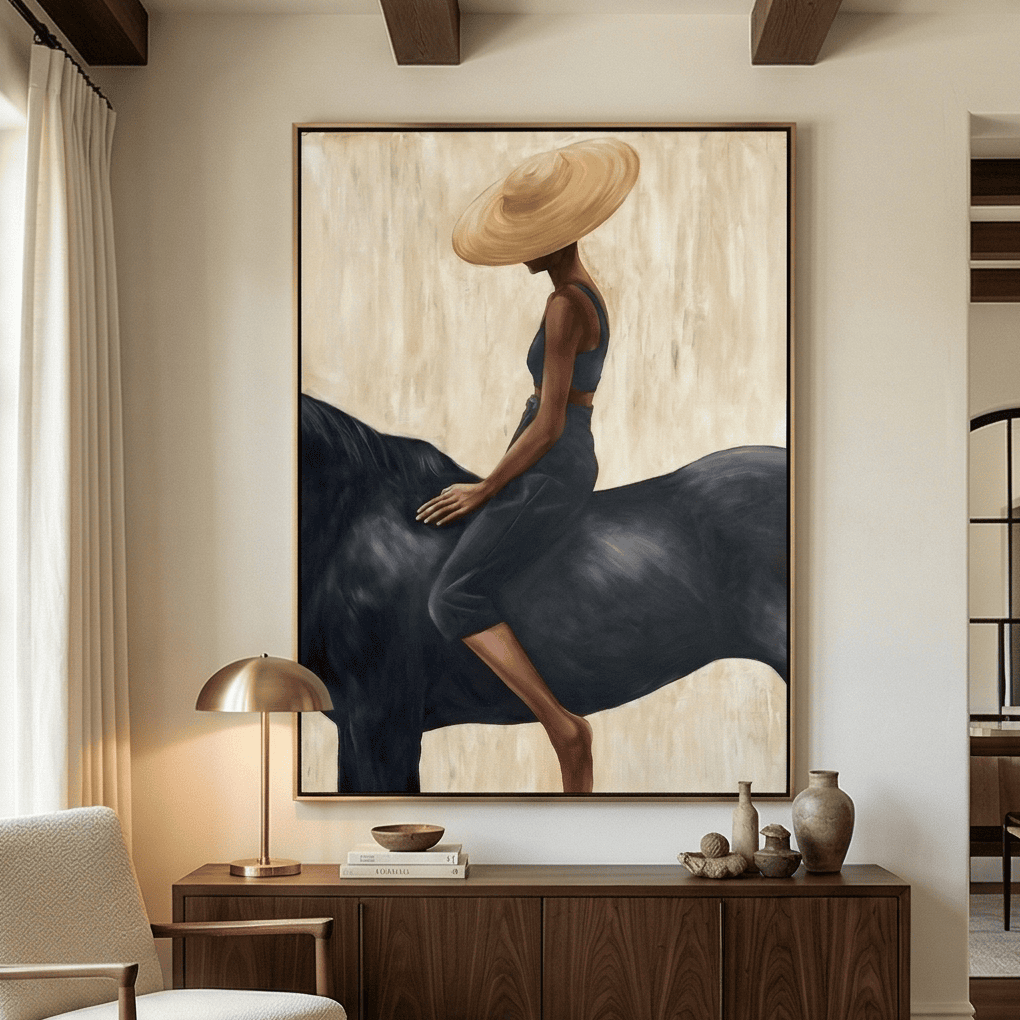 Equine beige woman riding western wall art displaying a minimalist rider on a black horse in warm earth tones