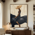 Equine beige woman riding western wall art displaying a minimalist rider on a black horse in warm earth tones