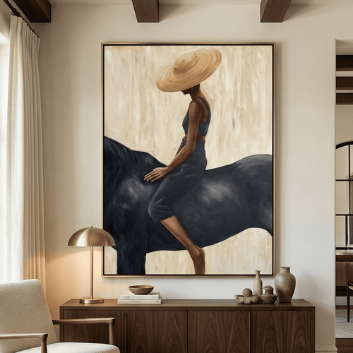 Equine beige woman riding western wall art displaying a minimalist rider on a black horse in warm earth tones