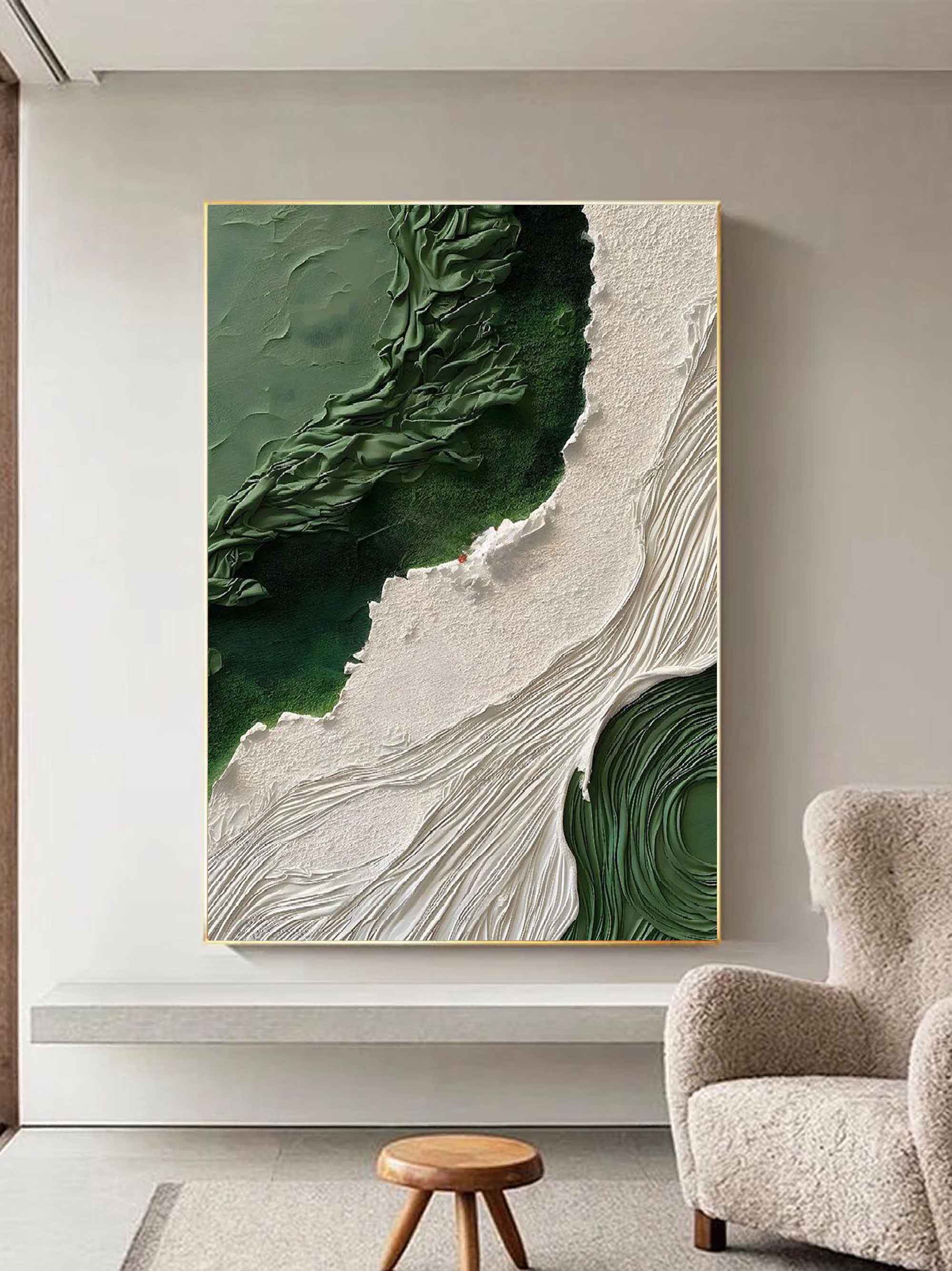 Framed hand-painted contemporary earthy abstract mixed media painting styled in a luxury modern dining room