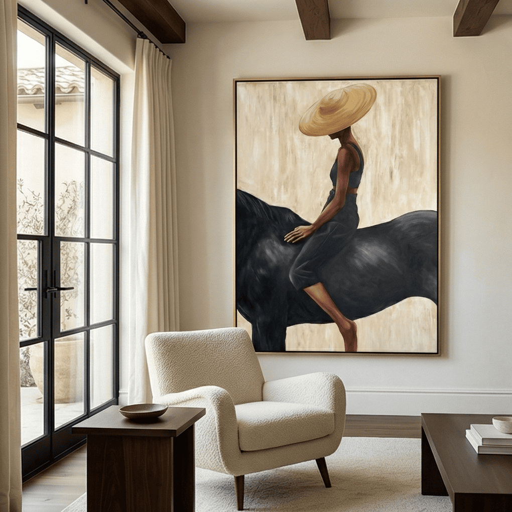 Equine - Beige Woman Riding Western Wall Art Parge Art