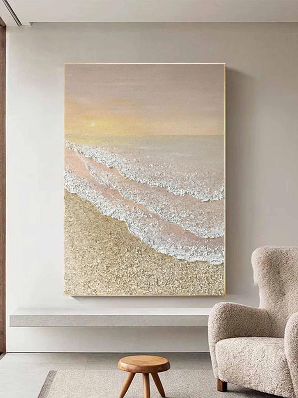 Close-up macro detail of the handcrafted thick plaster brushstrokes and 3D foam texture on the Calm sea shore art piece