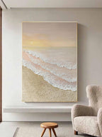 Close-up macro detail of the handcrafted thick plaster brushstrokes and 3D foam texture on the Calm sea shore art piece