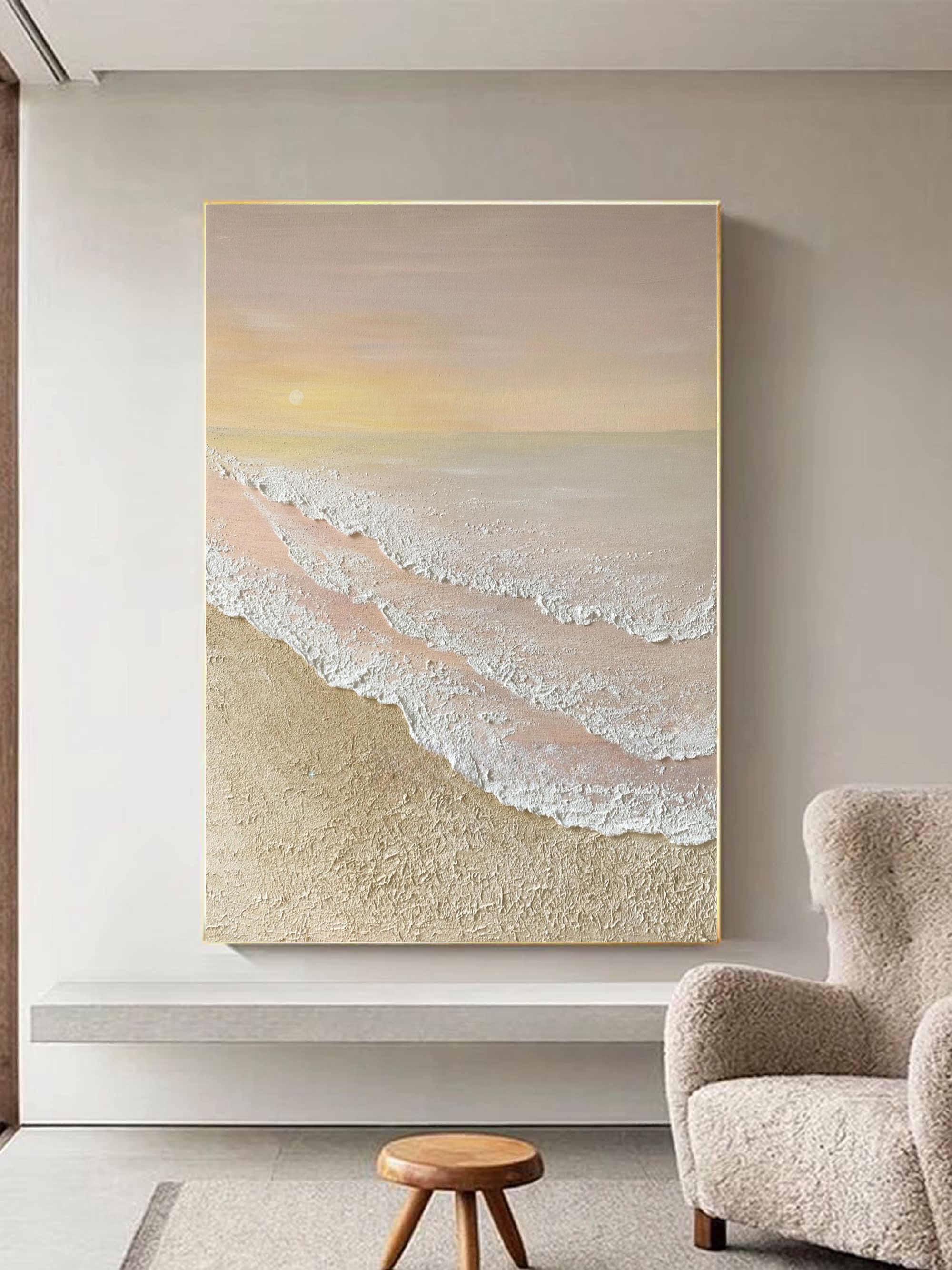 Close-up macro detail of the handcrafted thick plaster brushstrokes and 3D foam texture on the Calm sea shore art piece
