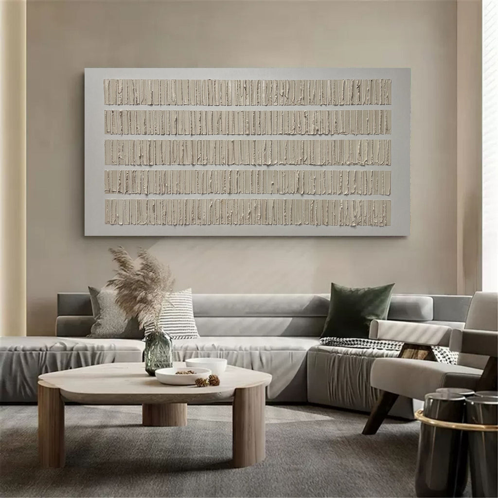 Modern living room featuring Strata textured wall art with warm neutral tones and minimalist Japandi interior decor