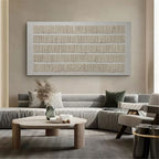 Modern living room featuring Strata textured wall art with warm neutral tones and minimalist Japandi interior decor