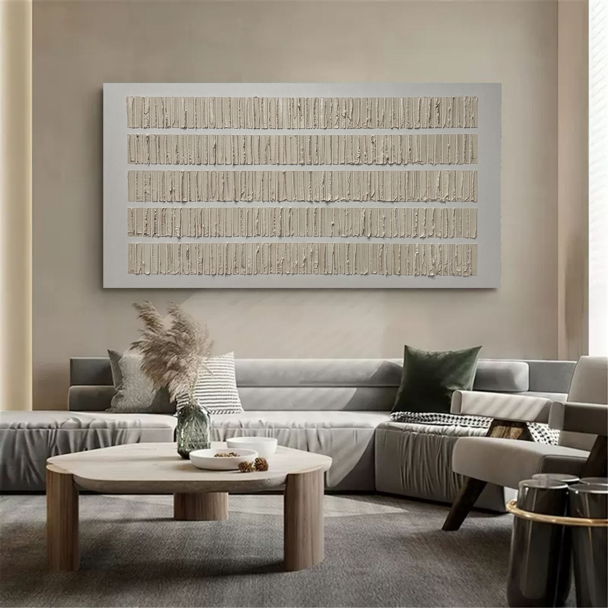 Modern living room featuring Strata textured wall art with warm neutral tones and minimalist Japandi interior decor