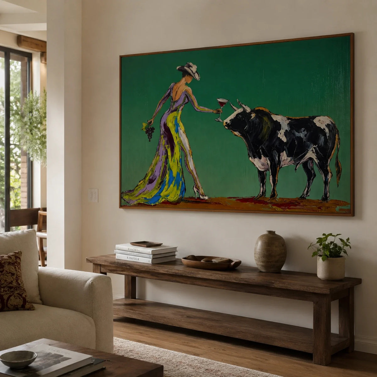 Vibrant green Western pop art canvas creating a striking focal point over a sideboard in a dining room