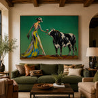 Retro Western bull and cowgirl painting bringing artistic flair to a home office lounge reading corner