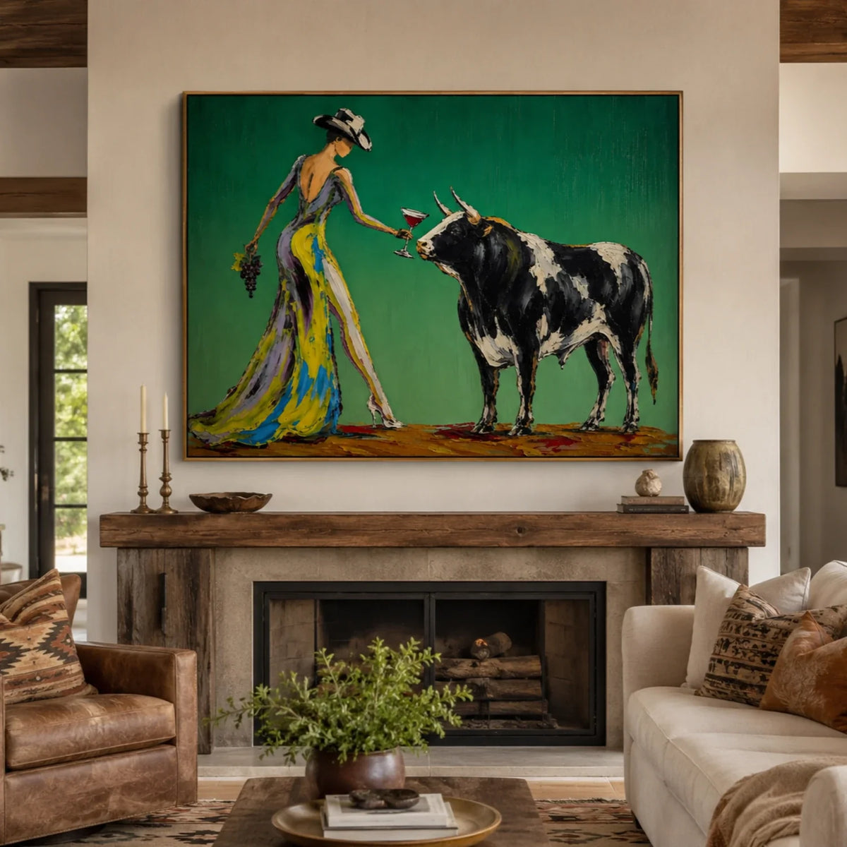 Impasto textured Western figure canvas wall decor framed above a light oak dresser in a master bedroom